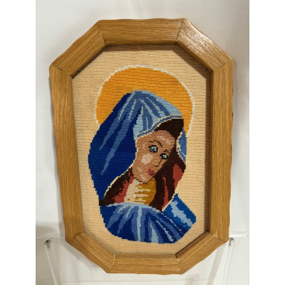 VTG Needlepoint‎ Wall Art Blue Good Virgin Mary Octagon Wood Frame